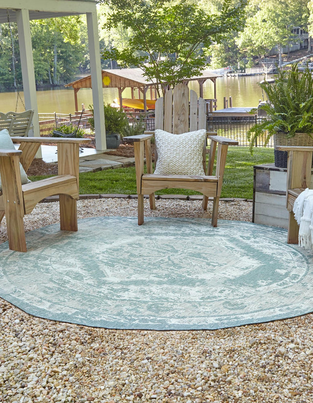 Aqua 10' x 10' Outdoor Traditional Round Area Rug Weather Resistant for Patio, Deck, Terrace, Balcony, Porch Classical Design Outside Carpet for Sale at Rug Engine