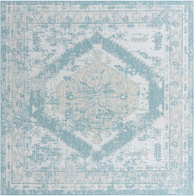 Aqua 10' x 10' Outdoor Traditional Square Area Rug Weather Resistant for Patio, Deck, Terrace, Balcony, Porch Classical Design Outside Carpet for Sale at Rug Engine