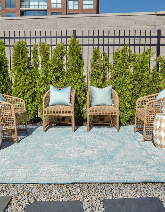 Aqua 7' 10 x 7' 10 Outdoor Traditional Square Area Rug Weather Resistant for Patio, Deck, Terrace, Balcony, Porch Classical Design Outside Carpet for Sale at Rug Engine