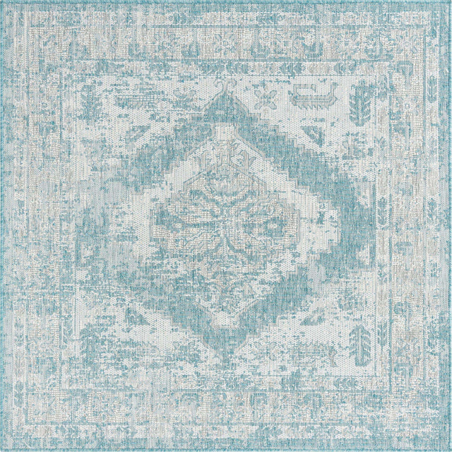 Aqua 5' 3 x 5' 3 Outdoor Traditional Square Area Rug Weather Resistant for Patio, Deck, Terrace, Balcony, Porch Classical Design Outside Carpet for Sale at Rug Engine