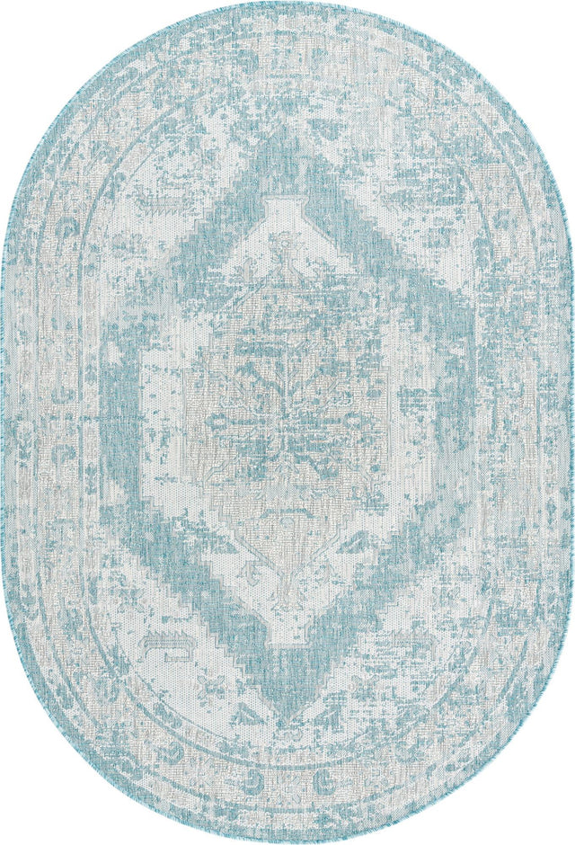 Aqua 5' 3 x 8' Outdoor Traditional Oval Area Rug Weather Resistant for Patio, Deck, Terrace, Balcony, Porch Classical Design Outside Carpet for Sale at Rug Engine