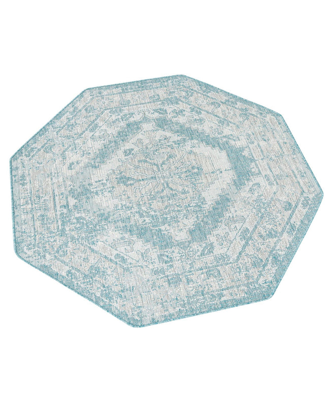 Aqua 5' 3 x 5' 3 Outdoor Traditional Octagon Area Rug Weather Resistant for Patio, Deck, Terrace, Balcony, Porch Classical Design Outside Carpet for Sale at Rug Engine