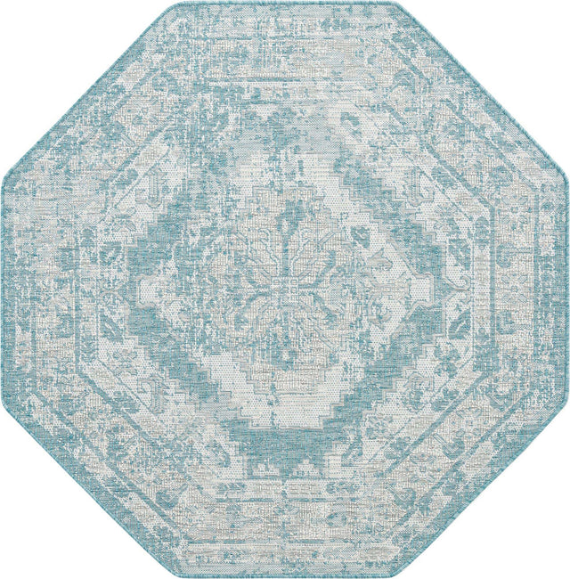 Aqua 5' 3 x 5' 3 Outdoor Traditional Octagon Area Rug Weather Resistant for Patio, Deck, Terrace, Balcony, Porch Classical Design Outside Carpet for Sale at Rug Engine