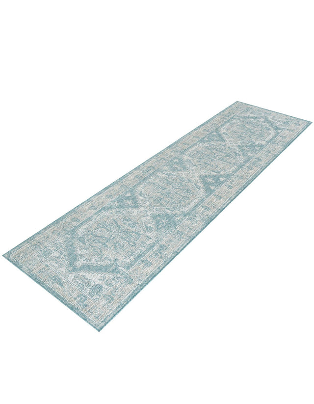 Aqua 2' 7 x 12' Outdoor Traditional Runner Area Rug Weather Resistant for Patio, Deck, Terrace, Balcony, Porch Classical Design Outside Carpet for Sale at Rug Engine