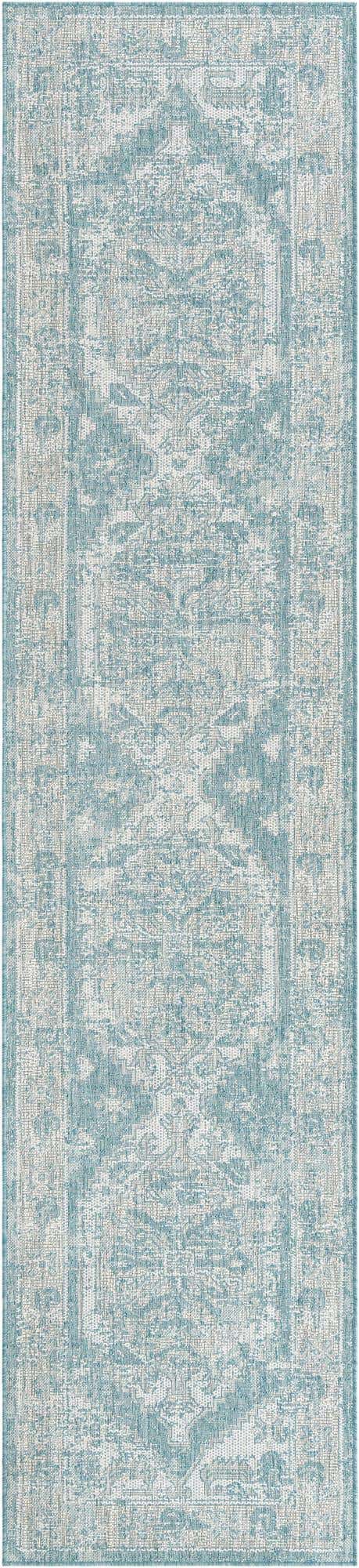 Aqua 2' 7 x 12' Outdoor Traditional Runner Area Rug Weather Resistant for Patio, Deck, Terrace, Balcony, Porch Classical Design Outside Carpet for Sale at Rug Engine