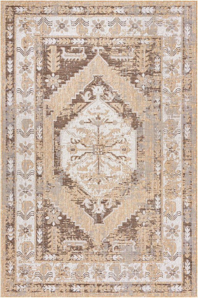 Natural 6' 1 x 9' Outdoor Traditional Rectangle Area Rug Weather Resistant for Patio, Deck, Terrace, Balcony, Porch Classical Design Outside Carpet for Sale at Rug Engine