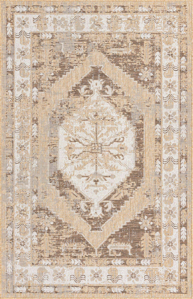 Natural 5' 3 x 8' Outdoor Traditional Rectangle Area Rug Weather Resistant for Patio, Deck, Terrace, Balcony, Porch Classical Design Outside Carpet for Sale at Rug Engine