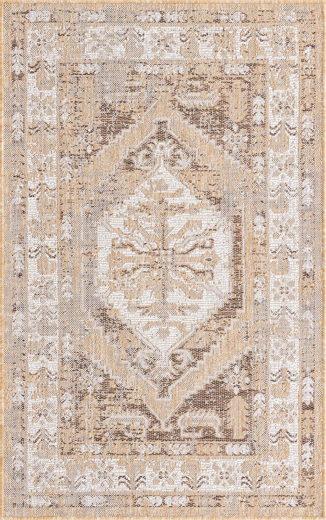 Natural 3' 1 x 5' 3 Outdoor Traditional Rectangle Area Rug Weather Resistant for Patio, Deck, Terrace, Balcony, Porch Classical Design Outside Carpet for Sale at Rug Engine