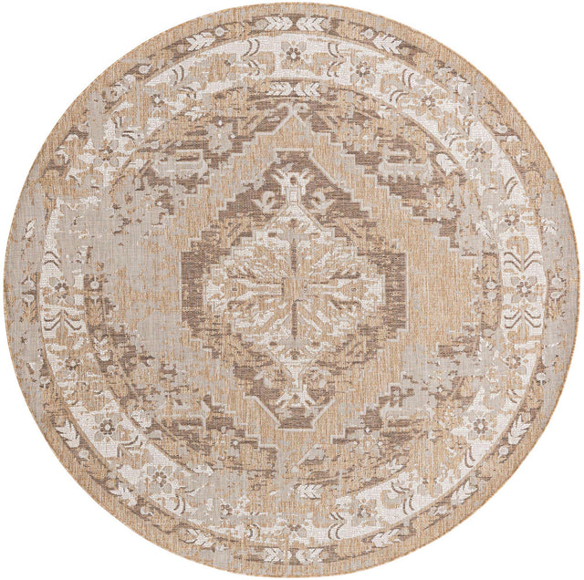 Natural 7' 10 x 7' 10 Outdoor Traditional Round Area Rug Weather Resistant for Patio, Deck, Terrace, Balcony, Porch Classical Design Outside Carpet for Sale at Rug Engine
