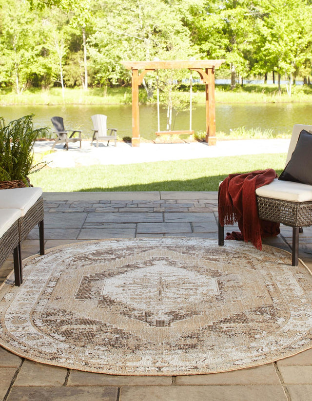 Natural 5' 3 x 8' Outdoor Traditional Oval Area Rug Weather Resistant for Patio, Deck, Terrace, Balcony, Porch Classical Design Outside Carpet for Sale at Rug Engine