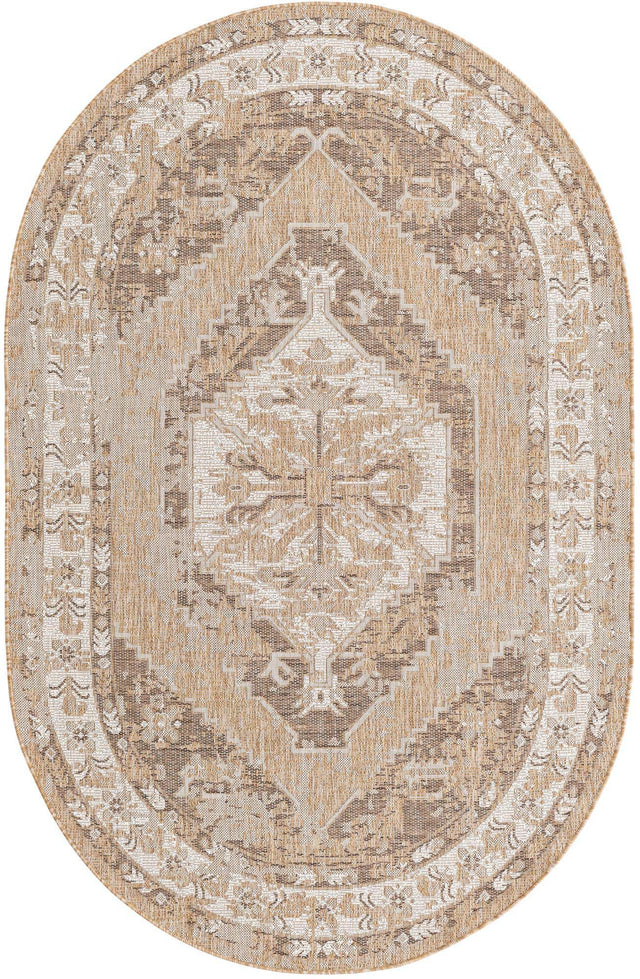 Natural 5' 3 x 8' Outdoor Traditional Oval Area Rug Weather Resistant for Patio, Deck, Terrace, Balcony, Porch Classical Design Outside Carpet for Sale at Rug Engine