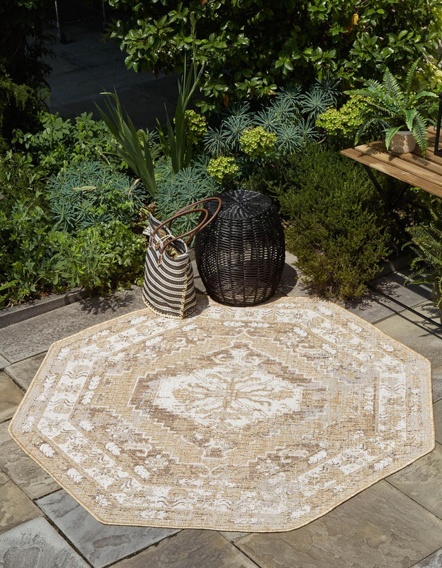 Natural 5' 3 x 5' 3 Outdoor Traditional Octagon Area Rug Weather Resistant for Patio, Deck, Terrace, Balcony, Porch Classical Design Outside Carpet for Sale at Rug Engine