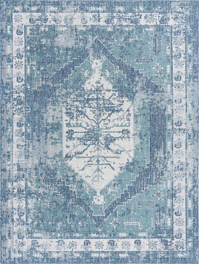 Blue 10' x 13' 1 Outdoor Traditional Rectangle Area Rug Weather Resistant for Patio, Deck, Terrace, Balcony, Porch Classical Design Outside Carpet for Sale at Rug Engine