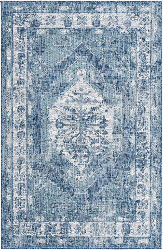 Blue 5' 3 x 8' Outdoor Traditional Rectangle Area Rug Weather Resistant for Patio, Deck, Terrace, Balcony, Porch Classical Design Outside Carpet for Sale at Rug Engine