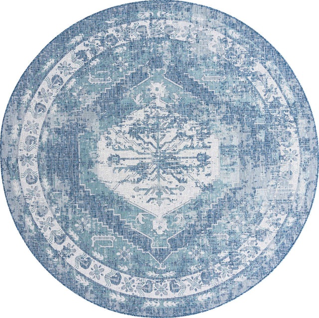 Blue 10' x 10' Outdoor Traditional Round Area Rug Weather Resistant for Patio, Deck, Terrace, Balcony, Porch Classical Design Outside Carpet for Sale at Rug Engine