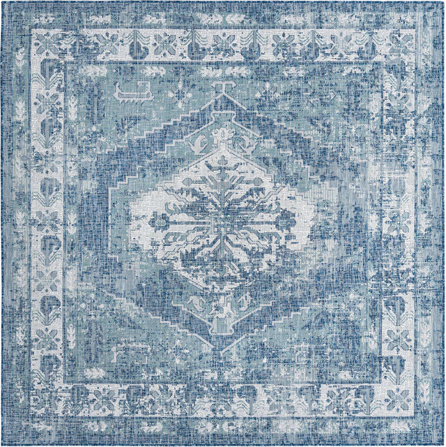 Blue 7' 10 x 7' 10 Outdoor Traditional Square Area Rug Weather Resistant for Patio, Deck, Terrace, Balcony, Porch Classical Design Outside Carpet for Sale at Rug Engine