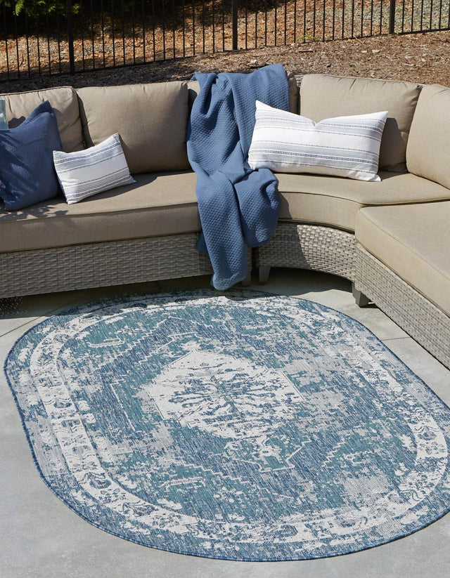 Blue 3' 1 x 5' 3 Outdoor Traditional Oval Area Rug Weather Resistant for Patio, Deck, Terrace, Balcony, Porch Classical Design Outside Carpet for Sale at Rug Engine