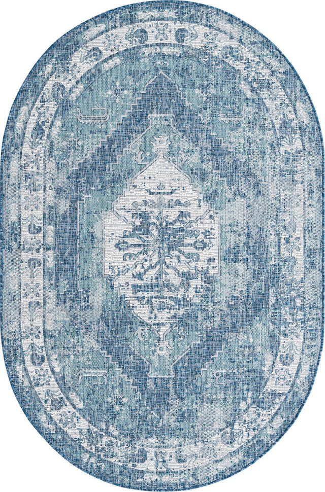 Blue 5' 3 x 8' Outdoor Traditional Oval Area Rug Weather Resistant for Patio, Deck, Terrace, Balcony, Porch Classical Design Outside Carpet for Sale at Rug Engine