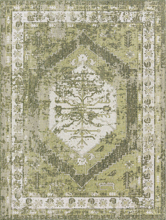 Green 9' x 12' Outdoor Traditional Rectangle Area Rug Weather Resistant for Patio, Deck, Terrace, Balcony, Porch Classical Design Outside Carpet for Sale at Rug Engine