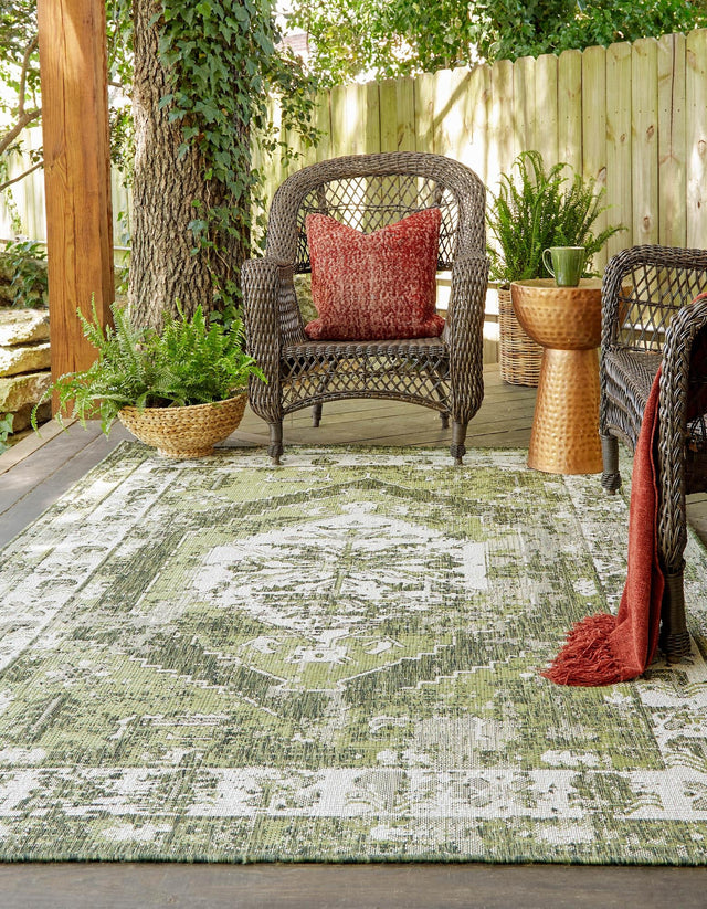 Green 5' 3 x 8' Outdoor Traditional Rectangle Area Rug Weather Resistant for Patio, Deck, Terrace, Balcony, Porch Classical Design Outside Carpet for Sale at Rug Engine