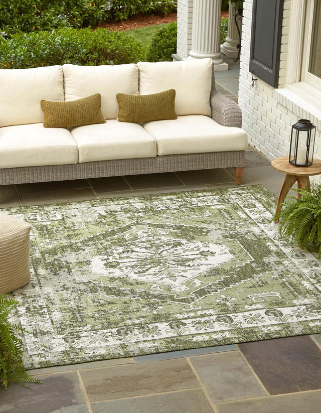 Green 7' 10 x 7' 10 Outdoor Traditional Square Area Rug Weather Resistant for Patio, Deck, Terrace, Balcony, Porch Classical Design Outside Carpet for Sale at Rug Engine