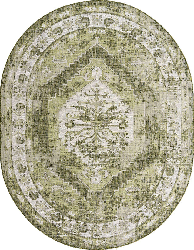 Green 7' 10 x 10' Outdoor Traditional Oval Area Rug Weather Resistant for Patio, Deck, Terrace, Balcony, Porch Classical Design Outside Carpet for Sale at Rug Engine