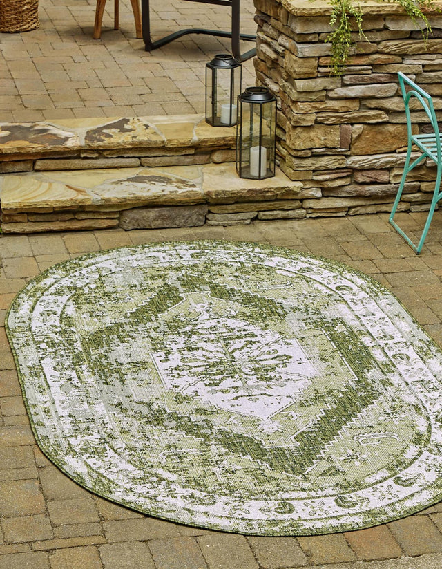Green 5' 3 x 8' Outdoor Traditional Oval Area Rug Weather Resistant for Patio, Deck, Terrace, Balcony, Porch
