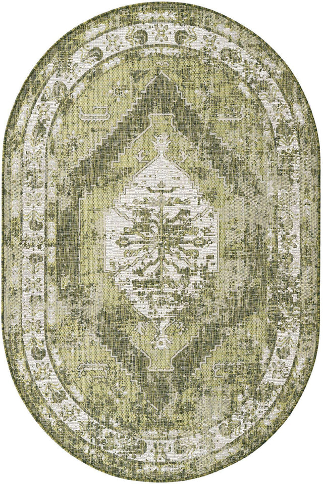 Green 5' 3 x 8' Outdoor Traditional Oval Area Rug Weather Resistant for Patio, Deck, Terrace, Balcony, Porch