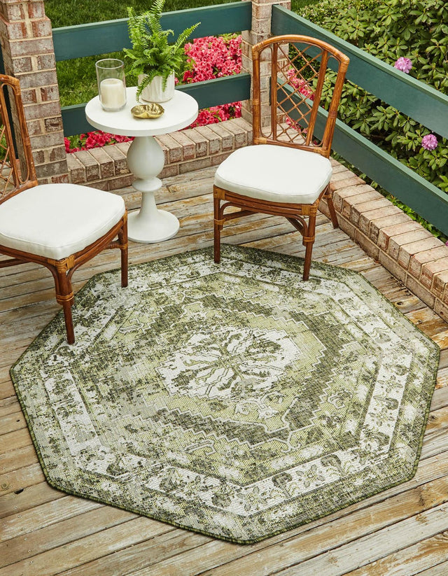 Green 5' 3 x 5' 3 Outdoor Traditional Octagon Area Rug Weather Resistant for Patio, Deck, Terrace, Balcony, Porch Classical Design Outside Carpet for Sale at Rug Engine