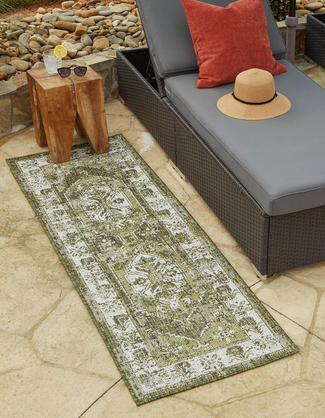 Green 2' x 6' 1 Outdoor Traditional Runner Area Rug Weather Resistant for Patio, Deck, Terrace, Balcony, Porch Classical Design Outside Carpet for Sale at Rug Engine