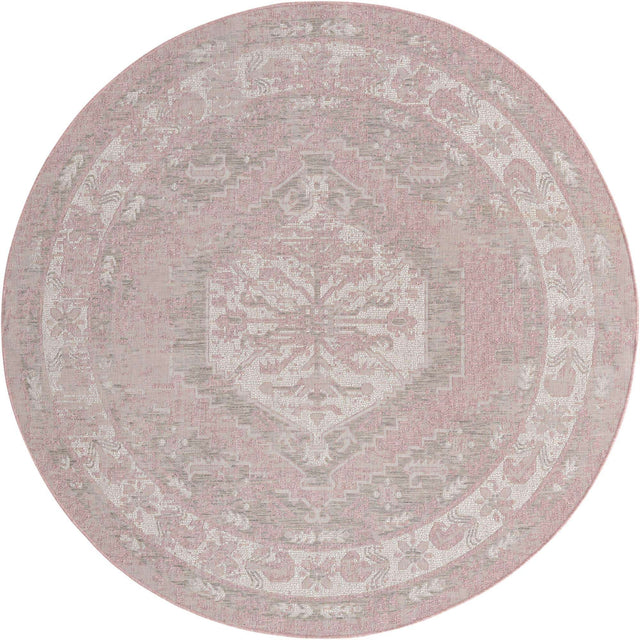 Pink 7' 10 x 7' 10 Outdoor Traditional Round Area Rug Weather Resistant for Patio, Deck, Terrace, Balcony, Porch Classical Design Outside Carpet for Sale at Rug Engine