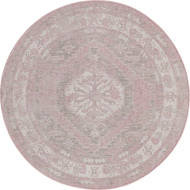 Pink 5' 3 x 5' 3 Outdoor Traditional Round Area Rug Weather Resistant for Patio, Deck, Terrace, Balcony, Porch Classical Design Outside Carpet for Sale at Rug Engine