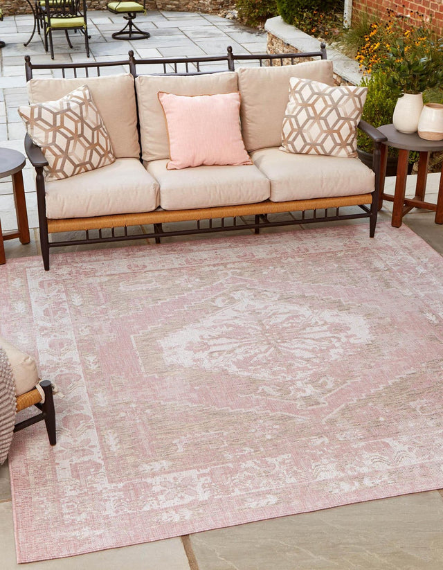 Pink 10' x 10' Outdoor Traditional Square Area Rug Weather Resistant for Patio, Deck, Terrace, Balcony, Porch Classical Design Outside Carpet for Sale at Rug Engine