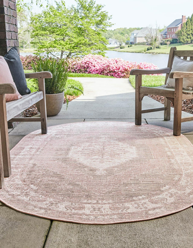 Pink 3' 1 x 5' 3 Outdoor Traditional Oval Area Rug Weather Resistant for Patio, Deck, Terrace, Balcony, Porch Classical Design Outside Carpet for Sale at Rug Engine