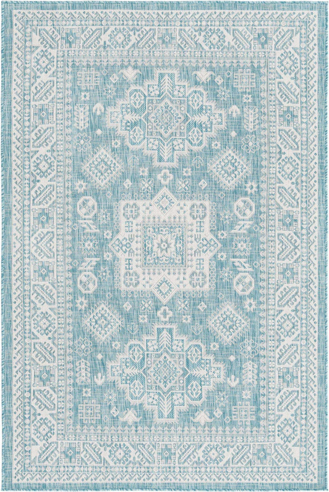 Aqua 5' 3 x 8' Outdoor Aztec Rectangle Area Rug Weather Resistant for Patio, Deck, Terrace, Balcony, Porch 100% Polypropylene Traditional Carpet Mat for Sale at Rug Engine