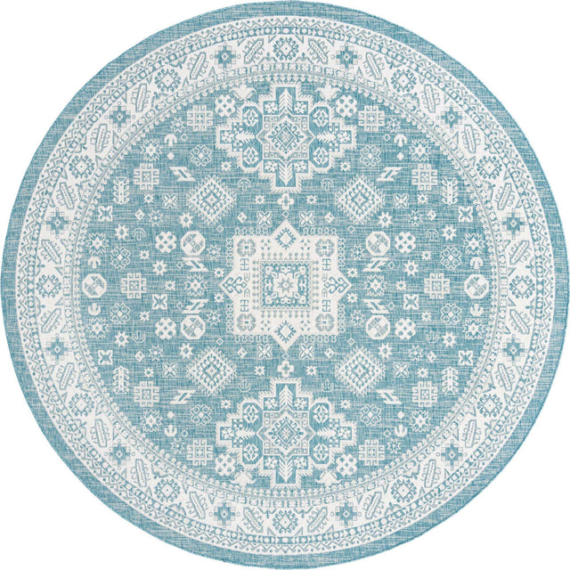 Aqua 10' x 10' Outdoor Aztec Round Area Rug Weather Resistant for Patio, Deck, Terrace, Balcony, Porch 100% Polypropylene Traditional Carpet Mat for Sale at Rug Engine