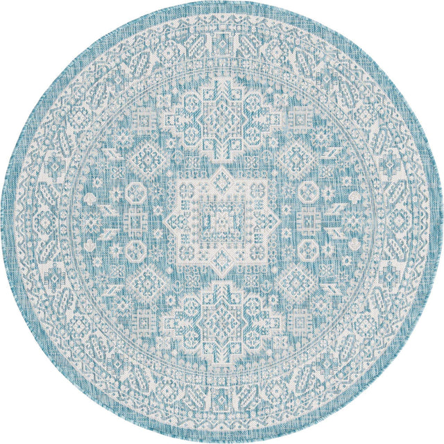 Aqua 5' 3 x 5' 3 Outdoor Aztec Round Area Rug Weather Resistant for Patio, Deck, Terrace, Balcony, Porch 100% Polypropylene Traditional Carpet Mat for Sale at Rug Engine