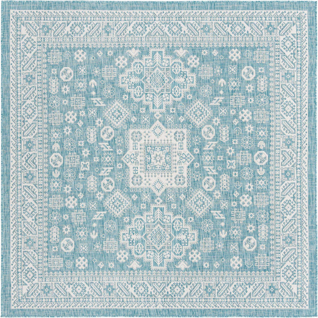 Aqua 7' 10 x 7' 10 Outdoor Aztec Square Area Rug Weather Resistant for Patio, Deck, Terrace, Balcony, Porch 100% Polypropylene Traditional Carpet Mat for Sale at Rug Engine