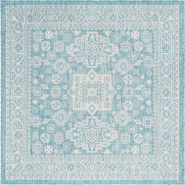 Aqua 5' 3 x 5' 3 Outdoor Aztec Square Area Rug Weather Resistant for Patio, Deck, Terrace, Balcony, Porch 100% Polypropylene Traditional Carpet Mat for Sale at Rug Engine