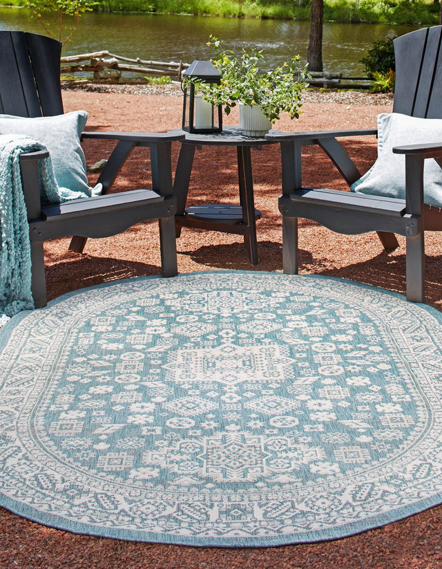 Aqua 5' 3 x 8' Outdoor Aztec Oval Area Rug Weather Resistant for Patio, Deck, Terrace, Balcony, Porch 100% Polypropylene Traditional Carpet Mat for Sale at Rug Engine
