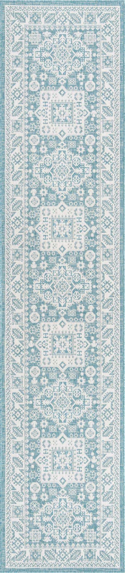 Aqua 2' 7 x 12' Outdoor Aztec Runner Area Rug Weather Resistant for Patio, Deck, Terrace, Balcony, Porch 100% Polypropylene Traditional Carpet Mat for Sale at Rug Engine