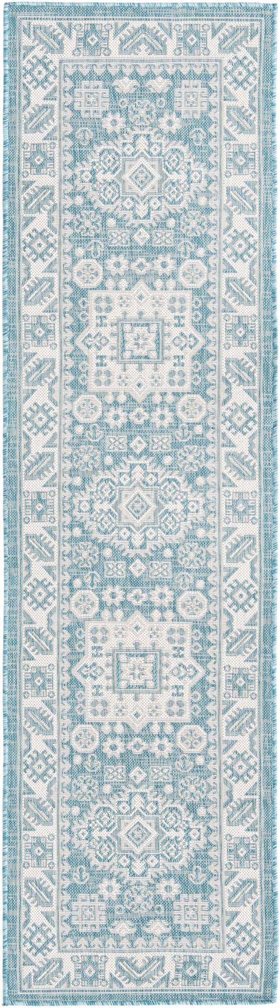 Aqua 2' x 8' Outdoor Aztec Runner Area Rug Weather Resistant for Patio, Deck, Terrace, Balcony, Porch 100% Polypropylene Traditional Carpet Mat for Sale at Rug Engine