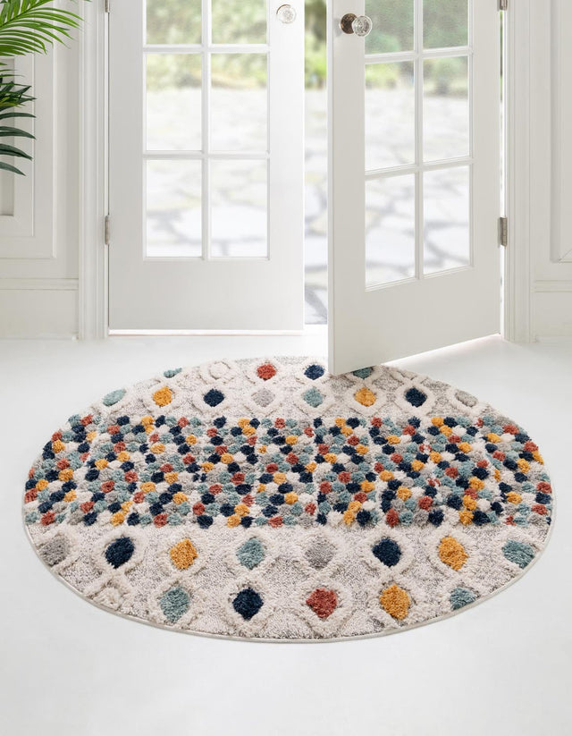 Multicolor 7' x 7' Cherokee Round Area Rug 100% Polypropylene With Cotton Backing Modern Geometric Carpet for Home Decor Interior Design Rooms for Sale at Rug Engine