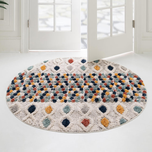 Multicolor 7' x 7' Cherokee Round Area Rug 100% Polypropylene With Cotton Backing Modern Geometric Carpet for Home Decor Interior Design Rooms for Sale at Rug Engine