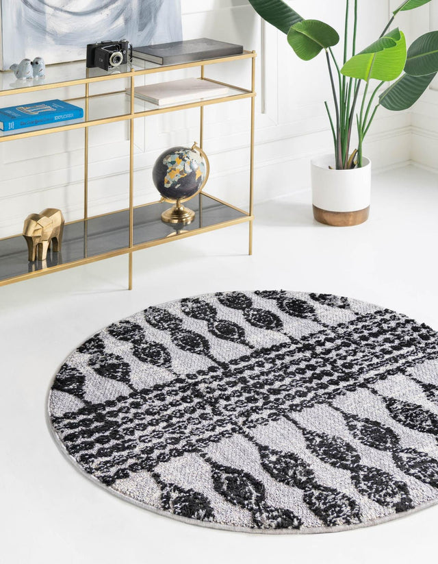 Black 7' x 7' Cherokee Round Area Rug 100% Polypropylene With Cotton Backing Modern Geometric Carpet for Home Decor Interior Design Rooms for Sale at Rug Engine