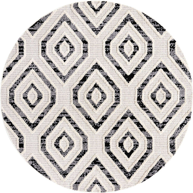 Black and White 7' x 7' Cherokee Round Area Rug 100% Polypropylene With Cotton Backing Modern Geometric Carpet for Home Decor Interior Design Rooms for Sale at Rug Engine