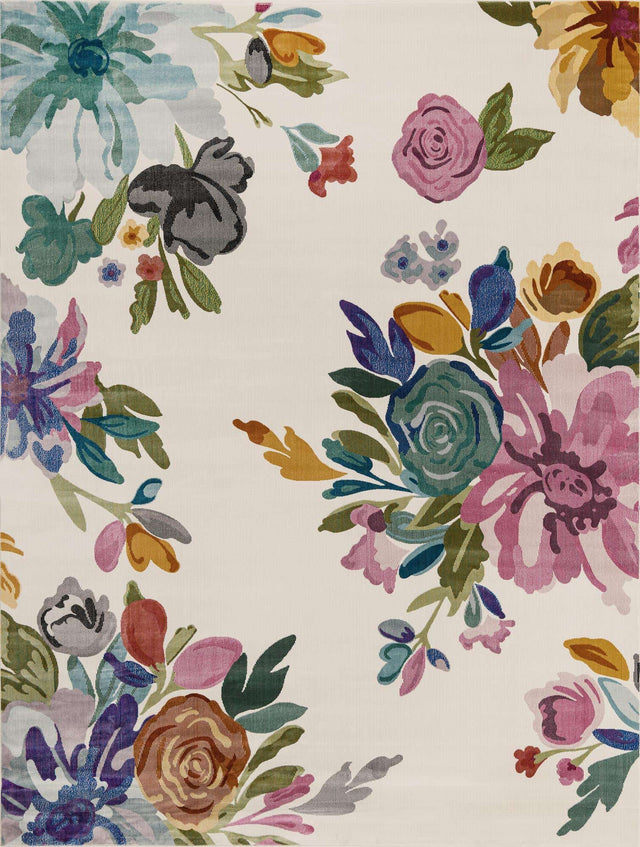 Ivory 7' 10 x 10' Blossom Rectangle Area Rug 100% Polypropylene With Cotton Backing Easy Clean Colorful Blooming Blossoming Flower Floral Plant Carpet for Living Dining Room Office Dorms for Sale at Rug Engine