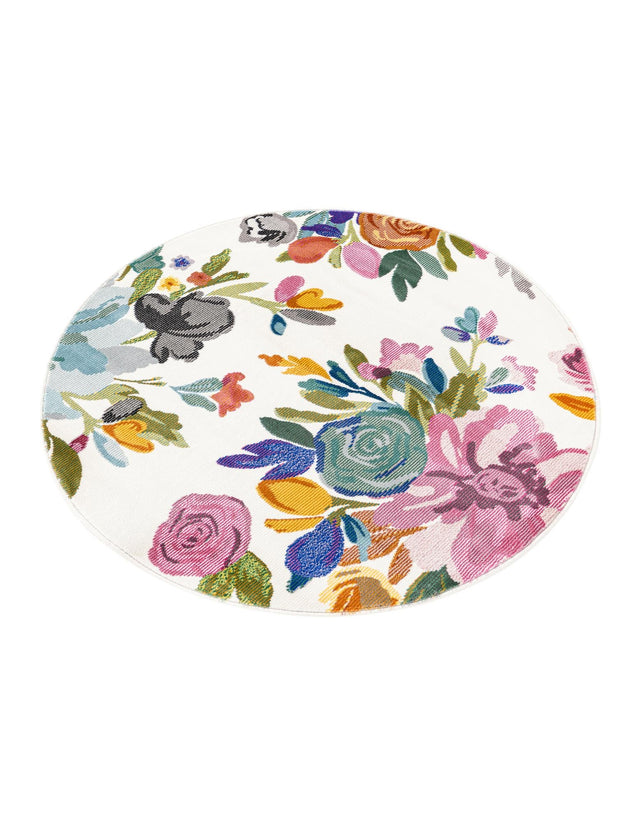 Ivory 3' 3 x 3' 3 Blossom Round Area Rug 100% Polypropylene With Cotton Backing Easy Clean Colorful Blooming Blossoming Flower Floral Plant Carpet for Living Dining Room Office Dorms for Sale at Rug Engine