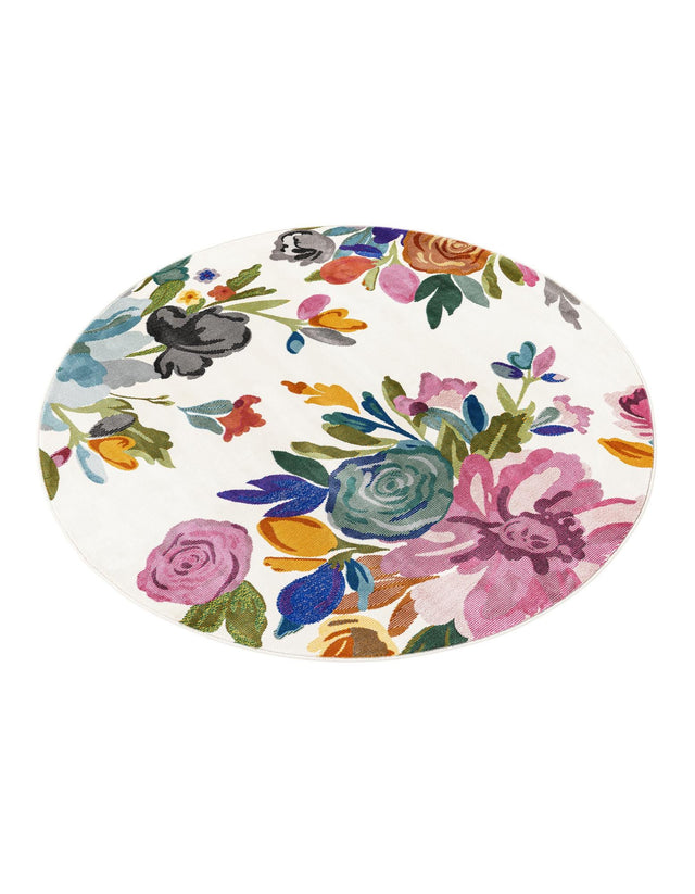 Ivory 5' 3 x 5' 3 Blossom Round Area Rug 100% Polypropylene With Cotton Backing Easy Clean Colorful Blooming Blossoming Flower Floral Plant Carpet for Living Dining Room Office Dorms for Sale at Rug Engine