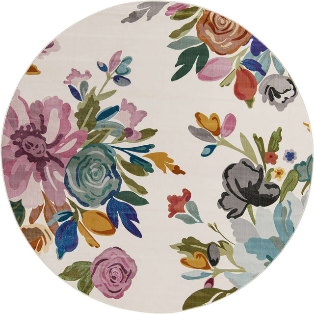 Ivory 7' x 7' Blossom Round Area Rug 100% Polypropylene With Cotton Backing Easy Clean Colorful Blooming Blossoming Flower Floral Plant Carpet for Living Dining Room Office Dorms for Sale at Rug Engine